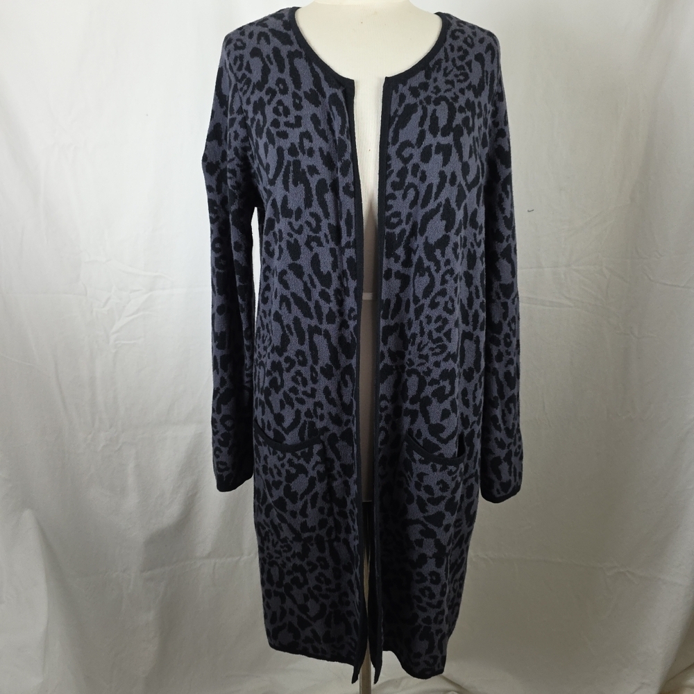Jones New York Leopard Print Knit Cardigan Sweater Womens Medium Black Gray